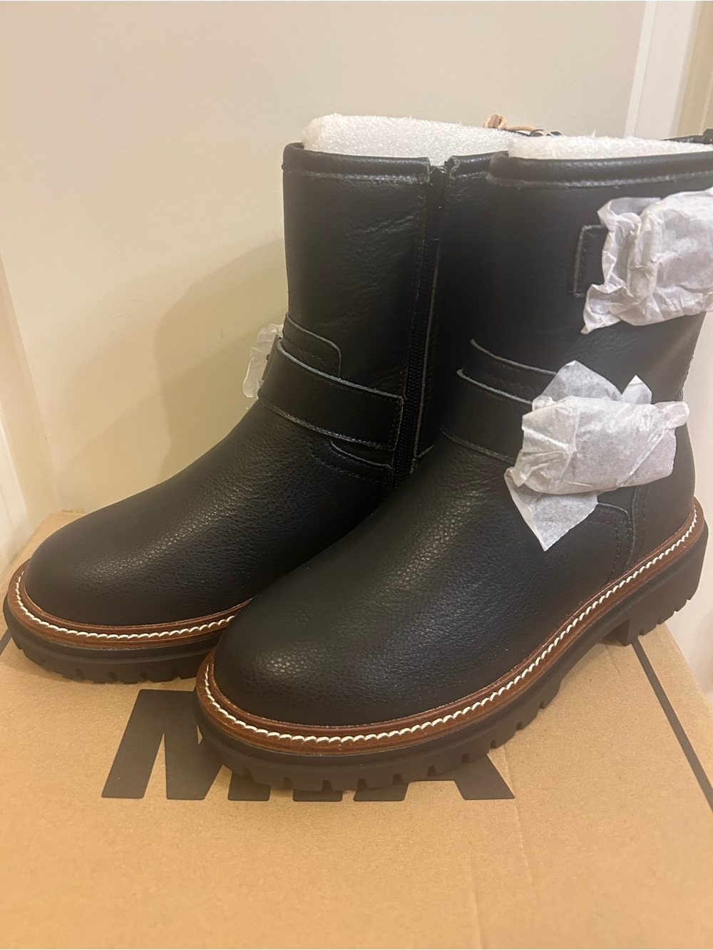 MIA Black Leather Lug-Sole Ankle Boots with Brown Welt